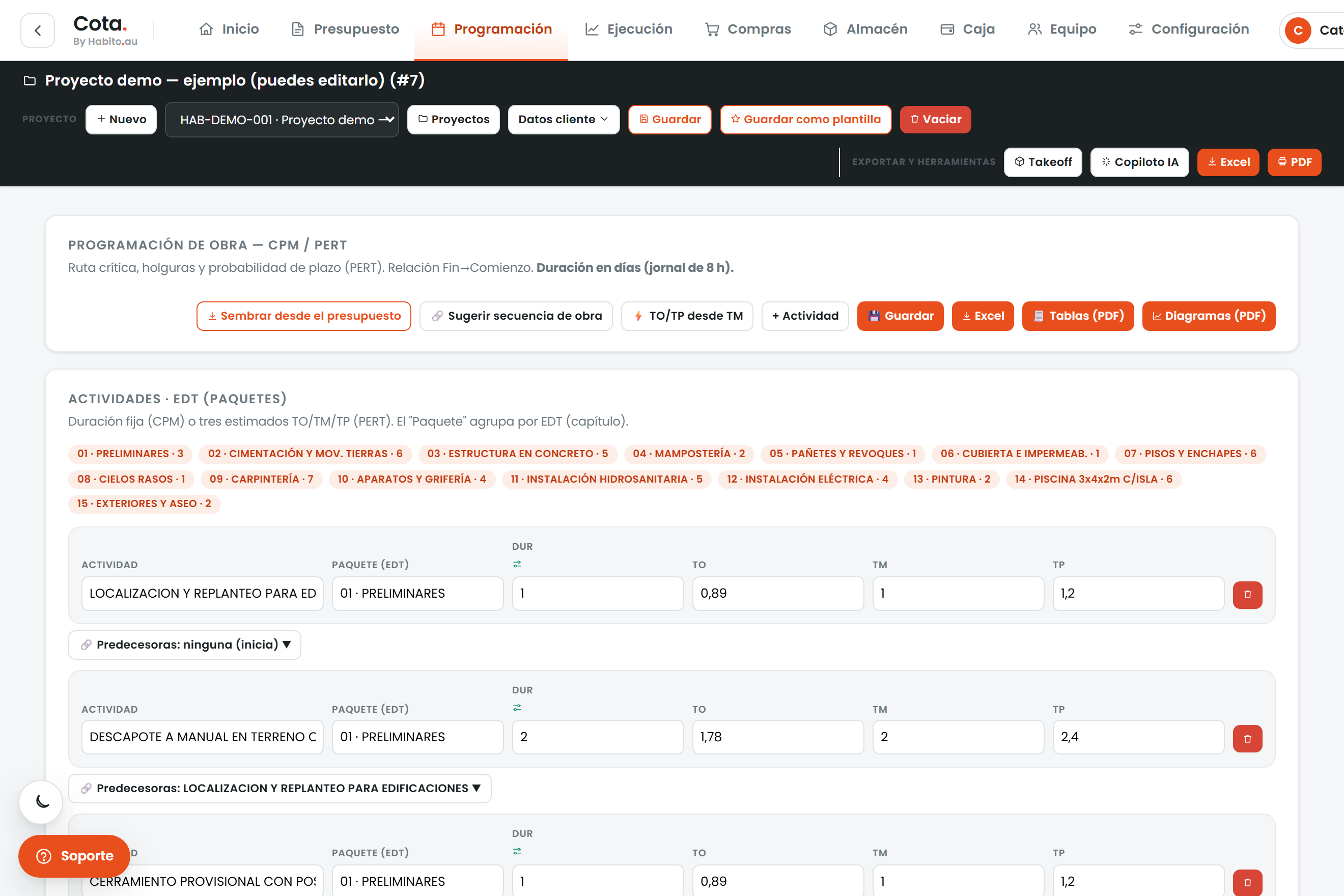 Cronograma de obra (CPM y Gantt) — Cota by Habito